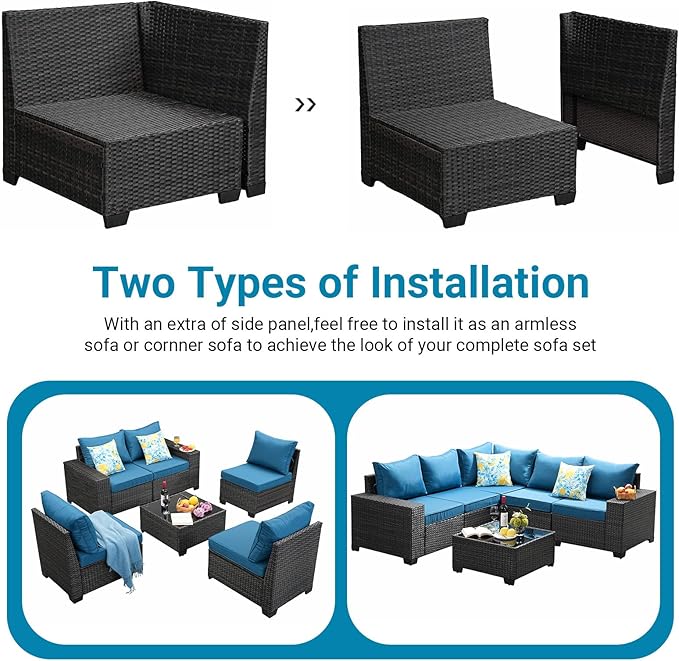 Jing's Villa 6-Piece Patio Furniture Set, All-Weather Outdoor Wicker Sectional Sofa with Cushions,Glass Table & Left and Right Armrest, Rattan Conversation Seating for Porch, Backyard,Peacock Blue
