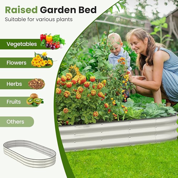 Galvanized Raised Garden Bed 8x4x1 FT, Oval Metal Raised Garden Bed Outdoor Planter Box with Open Bottom, Rust-Resistant Steel Garden Bed for Vegetables Herbs Flowers, Easy Assembly