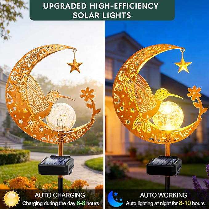 ZNYCYE Solar Lights Outdoor Decorative Moon Hummingbird Solar Stake Lights Birthday Gifts for Women mom Grandma,Hummingbird Garden Decor Waterproof for Walkway, Yard, Lawn, Patio (Warm White)