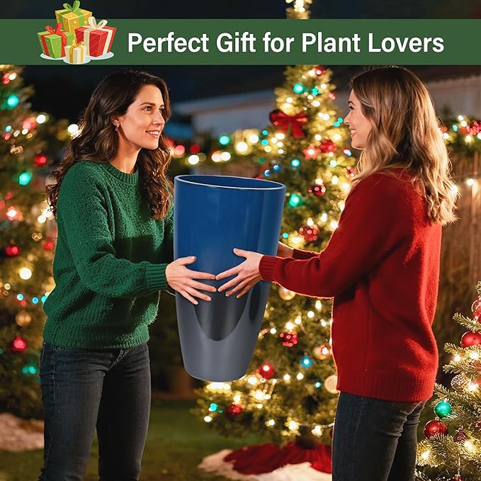 24/21/12 Inch Large Plastic Planter, Lightweight Ceramic-Look Tall Planters with Drain Hole & Saucers, Tall Plastic Planters for Porch, Garden, Patio, Balcony(Dark Blue)