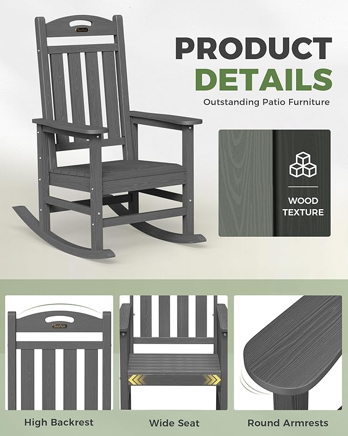 Oversized Outdoor Rocking Chairs Set of 2, High Back Porch Rocking Chair, HDPE All Weather Resistant Rocking Chairs for Patio, 380lbs Weight Capacity, Dark Grey