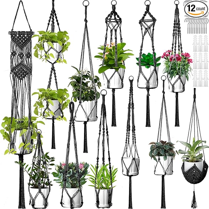 Hoteam 12 Pcs Macrame Plant Hangers Macrame Hanging Planters for Indoor Plants Handmade Boho Hanging Baskets Flower Pots Holder for Outdoor Home Wall Decor