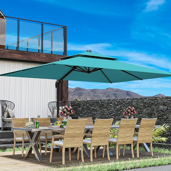 10x13FT Cantilever Outdoor Patio Umbrellas, Double Top Large Rectangle Umbrella, Heavy Duty 360° Rotation Offset Outdoor Sun Shade Umbrella for Garden Deck Pool Backyard Patio, Turquoise