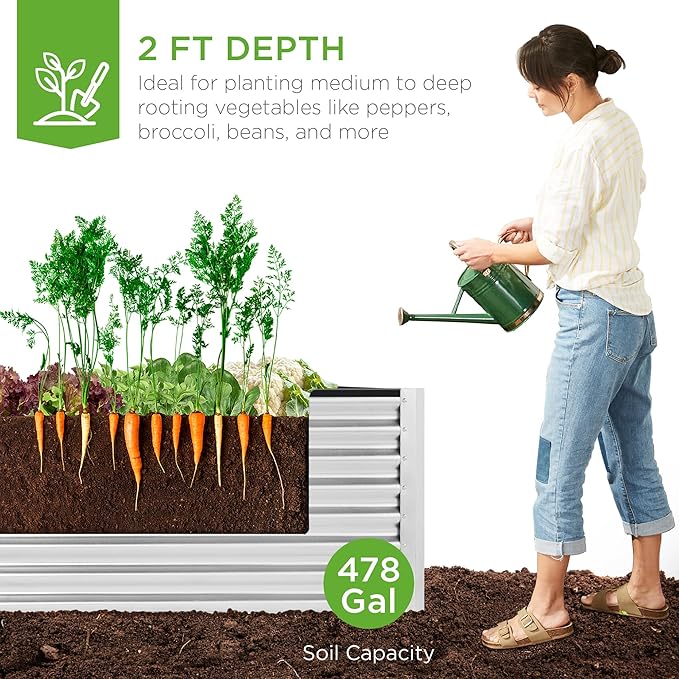 Best Choice Products 8x4x2ft Outdoor Metal Raised Garden Bed, Deep Root Planter Box for Vegetables, Herbs & Flowers, 478-Gallon Capacity, 100% Non Toxic Materials - Galvanized
