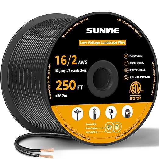 SUNVIE 16/2 Low Voltage Landscape Wire 250FT with Spool Outdoor Landscape Lighting Cable 16 Gauge 2 Conductors Low Voltage Wire for Landscaping Lights, ETL Listed, Pure Copper, Direct Burial
