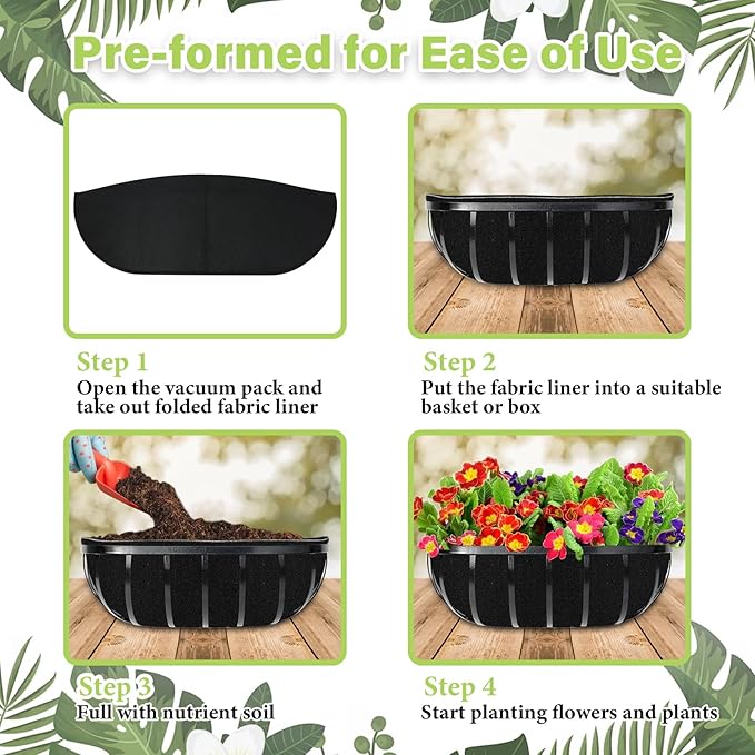 Riare 6 Pack 24 Inch Black Felt Window Box Liners- Fabric Trough Planter Basket Liners Replacement, Non-Woven Hanging Plant Liner for Wall Hanging Basket, Garden Fence Railing (Avoid Bird Nesting)