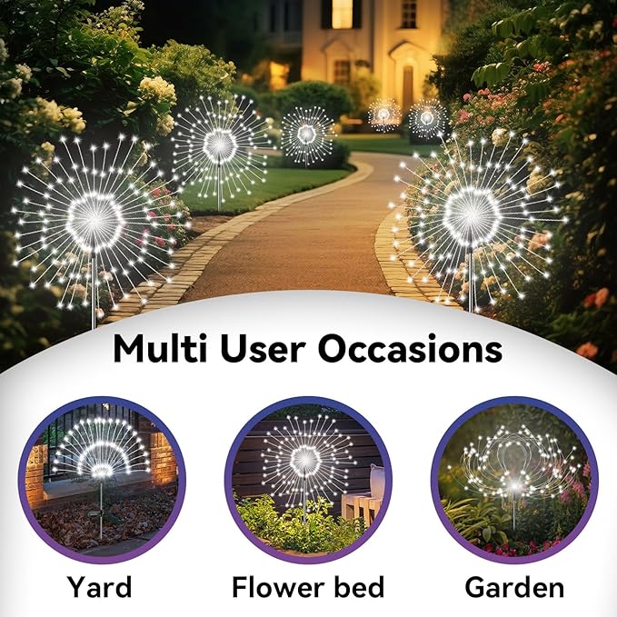 Garden Outdoor Lights, 4 Pack 120 LED Solar Garden Lights Fairy Lights Outdoor Waterproof Decorative Solar Firework Lights for Yard Patio Pathway Flowerbed Party Wedding Decor, White