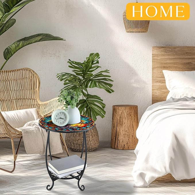 Outdoor Side Table Round Small Mosaic Patio Accent Indoor End Plant Coffee Tea Table for Yard Patio Porch Garden Living Room, Bedroom(Tree Style,14 Inch)