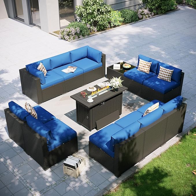 Aoxun Patio Furniture Set with Fire Pit Table, 12 Piece Outdoor Sectional Sofas, 10 Seats Wicker Rattan Outdoor Furniture with Thickened Cushion for Backyard, Garden Navy Blue