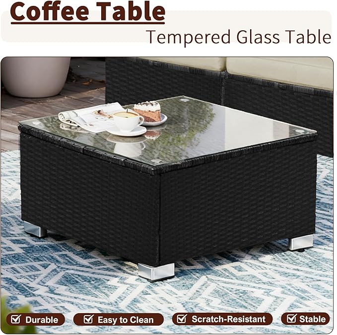 7-Piece Patio Furniture Set - Outdoor Sectional Sofa Set with 4'' Cushions and Glass-Top Coffee Table for Gardens, Poolside, Backyards and Porches, Black/Beige