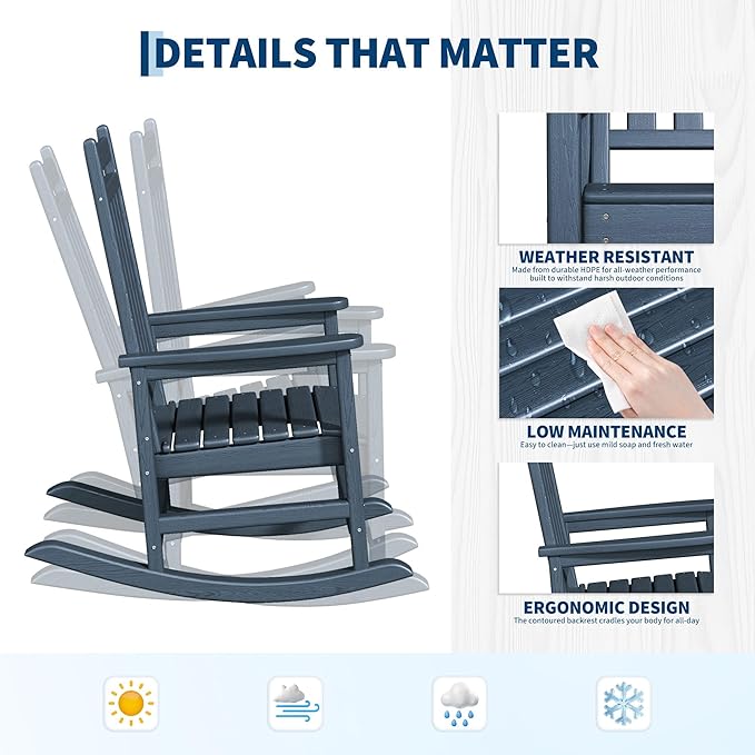 HDPE Rocking Chair Outdoor Set of 4 with 2 Side Table - Poly High Back Porch Rocker Chairs for Adults - All Weather Resistant Furniture for Patio Front Porch - Navy Blue