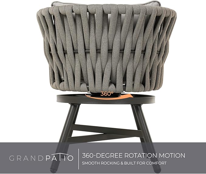 Grand patio 5-Piece Outdoor Dining Set for 4, Patio Dining Furniture Set for 4 Swivel Rope Wicker Chairs & 1 Square Dining Faux Woodgrain Table with Umbrella Hole, Light Gray Brown