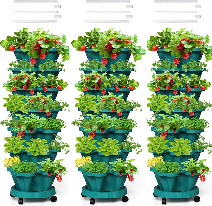 Strawberry Vertical Planters Tower Garden 3 Pack, 7 Tiered Stacking Herb Vegetable Planter with Support Pole Indoor and Outdoor - Hunter Green