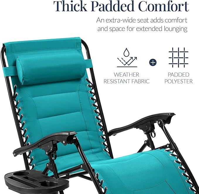 Best Choice Products Oversized Padded Zero Gravity Chair, Folding Outdoor Patio Recliner, XL Anti Gravity Lounger for Backyard w/Headrest, Cup Holder, Side Tray, Polyester Mesh - Peacock Blue