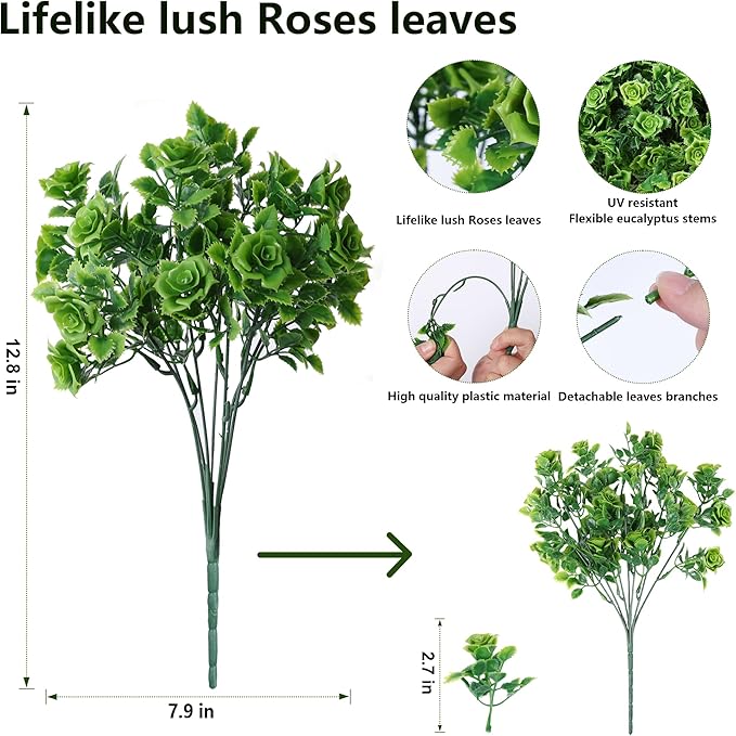 Artificial Fake Outdoor Plants for Spring Summer Decoration, 12 Bundles Fake Plastic Roses UV Resistant Look Real Faux Plants for Planter Outside Front Door Porch Patio Balcony Garden Indoor Yard Urn