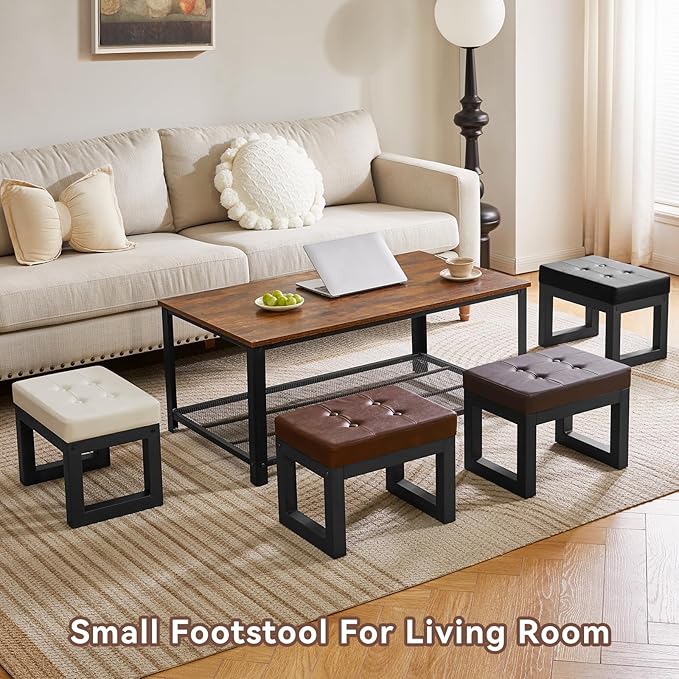IBUYKE 16 Inch Small Foot Stool Ottoman, Rectangle PU Faux Leather Foot Rest with Padded Seat and Metal Legs, Modern Ottoman Foot Rest for Living Room Bedroom Entryway Couch, Deep Coffee WBD026K