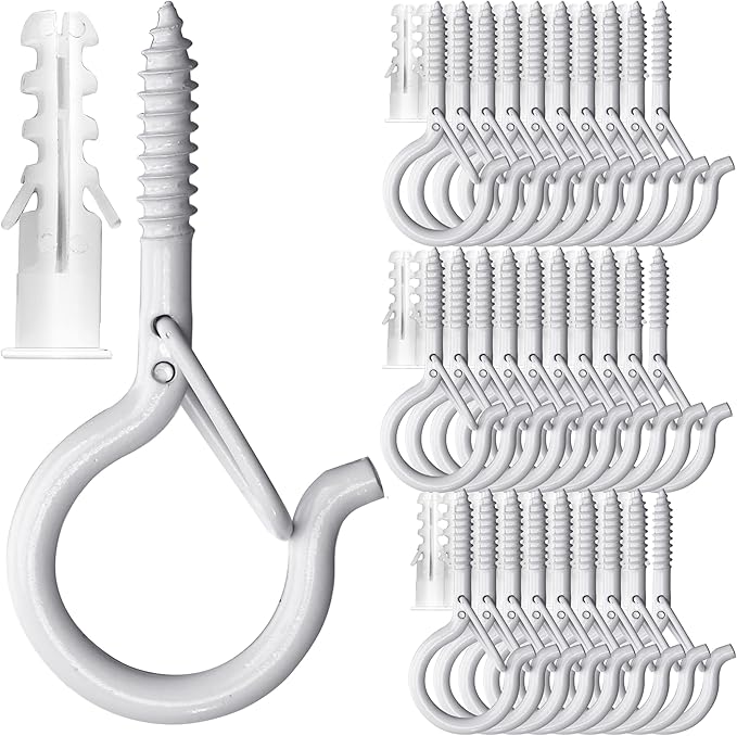 PlusRoc 30 Pack Ceiling Hooks for Hanging Plants Outdoor String Lights Heavy Duty, 2.2 Inch Eye Hook Screw in Cup Hooks Q-Hanger for Patio Lights, Wall Wood Fence Deck Mount(White)