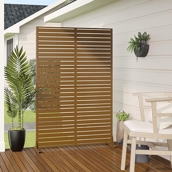 Casaphoria Metal Privacy Screen Outdoor, 72" H x 47" W Freestanding Decorative Privacy Screen for Patio Deck Balcony Garden with Stable Base, Brown-Louvered