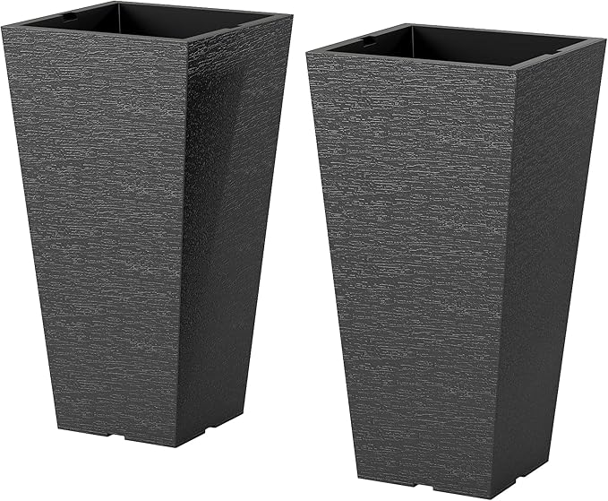 Outsunny 23 Inch Tall Planters for Outdoor Plants, Set of 2 Plastic Flower Pots, Weather and UV Resistant Stackable Tapered Large Planters for Front Door Patio Garden Use, Black