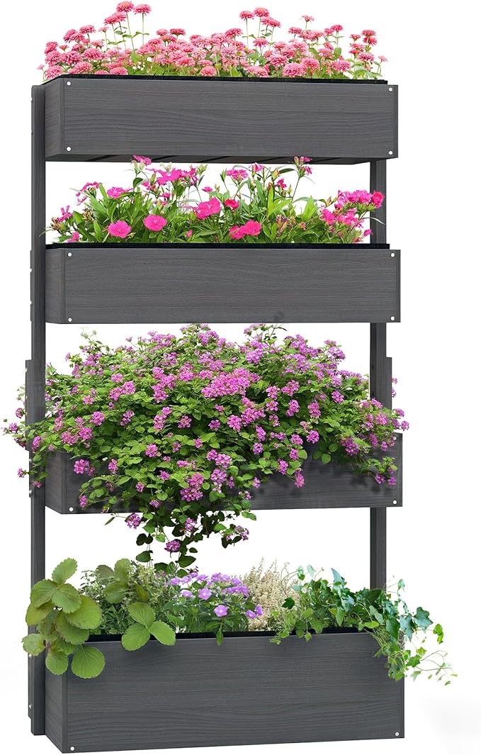 Outsunny Vertical 4 Tier Raised Garden Bed, Wooden Planter Box, Self-Draining with Bed Liner for Indoor Outdoor Flowers, Vegetables and Herbs, Gray