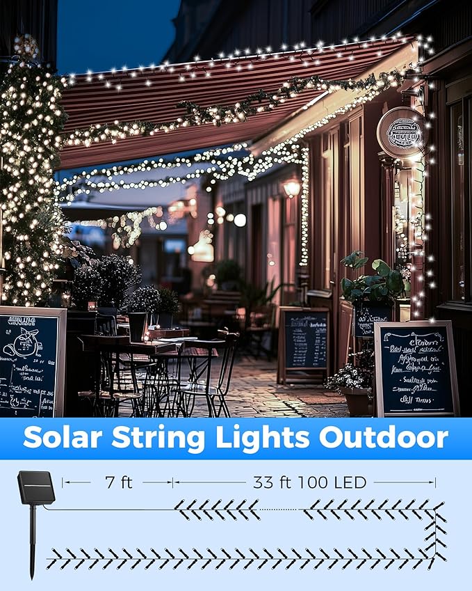 Brightown Solar Outdoor String Lights - 50 FT 120 LED Solar String Lights for Outside with 8 Lighting Modes, IP65 Waterproof Solar Outdoor Lights, Suitable for Tree Party Decor, Cool White