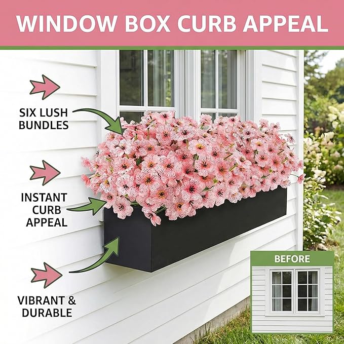 MACTING Artificial Flowers for Outdoors 6 Bundles UV Resistant Fake Flowers No Fade Faux Plastic Flowers for Hanging Planters Window Patio Porch Yard Garden Indoor Outside Spring Decoration,Pink