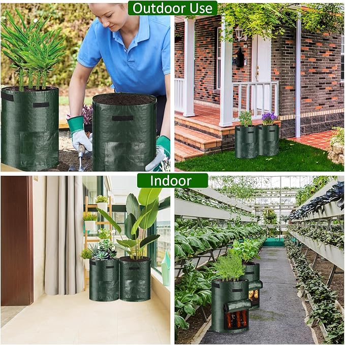 JJGoo Potato Grow Bags, 3 Pack 10 Gallon with Flap and Handles Planter Pots for Onion, Fruits, Tomato, Carrot - Green