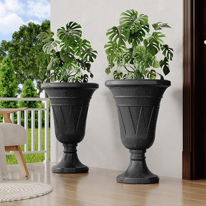 23" Tall Planters for Outdoor Plants Set of 2, Planter with Drainage Holes and Trophy Design, Large Outdoor Planters for Porch, Garden, Black