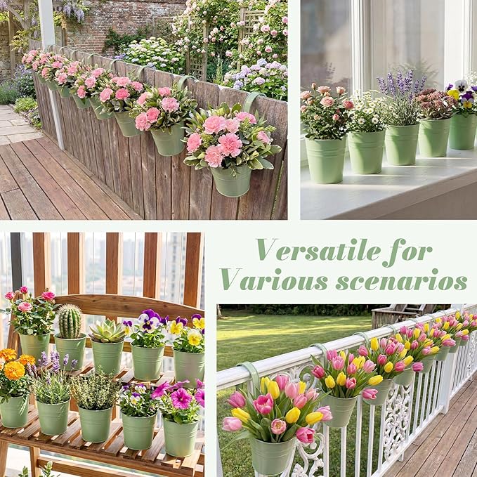 HowRU Hanging Flower Pots, Railing Planter Box for Outdoor Plants 12 Pack 5 Inch Metal Hanging Planters with Detachable Hooks Balcony Window Fence Garden Decoration Flower Boxes (Green)