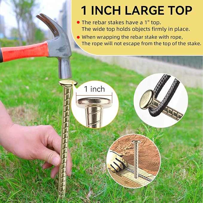 16 Inch Rebar Stakes - 1/2 Inch Diameter Galvanized Steel Ground Anchors - Heavy Duty Plant Support Garden Stake for Speed Bump, Wheel Stop, Tent (6 Pack)