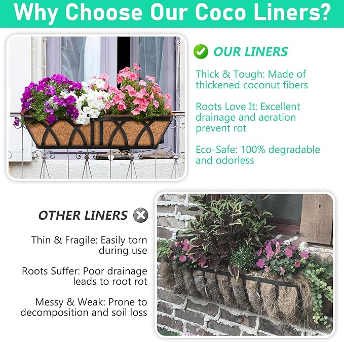 Riare 4 Pack 36 Inch Rectangle Coconut Liners for Planters, Natural Coconut Fiber Planter Liners, Window Box Liner Trough Coco Liner for Outdoor Flower, Garden Wall, Deck & Fence Planter Boxes