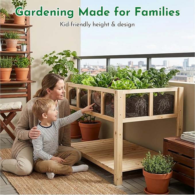Raised Garden Bed with Transparent Acrylic Panels, Elevated Wooden Raised Garden Bed Planter, Fir Wood Outdoor Planter Box for Herbs, Flowers & Patio Balcony Gardening (Natural)