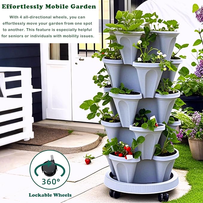 7 Tiered Strawberry Planters 2 Pack, Vertical Stackable Planter, Herb Stacking Tower Garden, Flower and Vegetable Planters with Support Pole Indoor & Outdoor with Removable Wheels - White