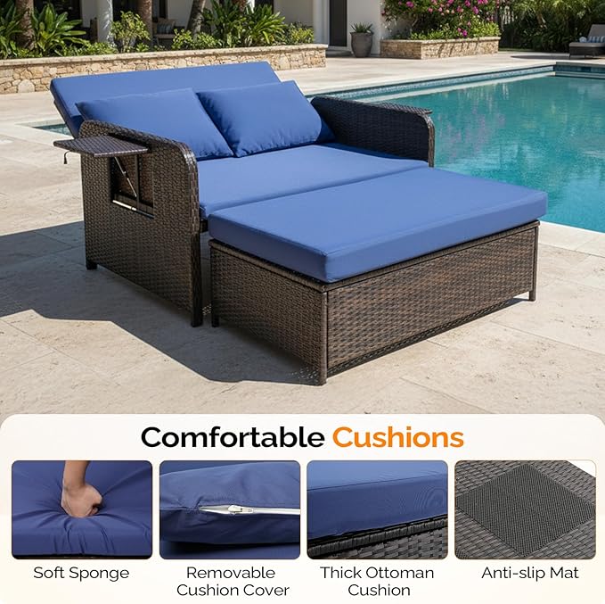 VINGLI Patio Daybed, Wicker Outdoor Daybed with Storage Ottoman & 5-Level Adjustable Backrest, All-Weather Rattan Cushioned Patio Loveseat Sofa for Garden Balcony Backyard (Navy, Brown)