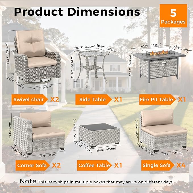 8-Seat Outdoor Wicker Patio Furniture Set with Fire Pit Table, Modular Rattan Sectional Sofa & 2 Swivel Rocking Chairs, 4" Thick Cushions, Rust-Resistant Frame,Beige