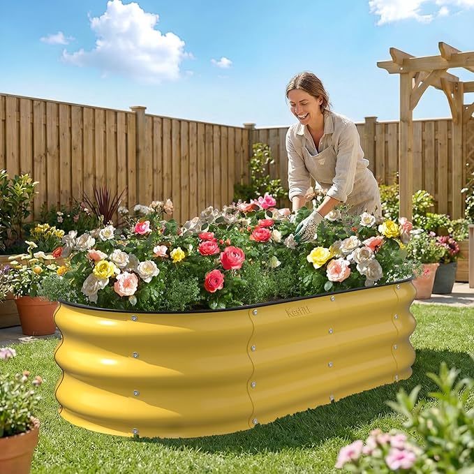 Kesfitt Raised Garden Bed, 4x2x1 FT Galvanized Steel Metal Raised Garden Bed, Oval Open-Bottom Design, 12-Inch Deep for Outdoor Vegetable & Herb Gardening, Creamy Yellow