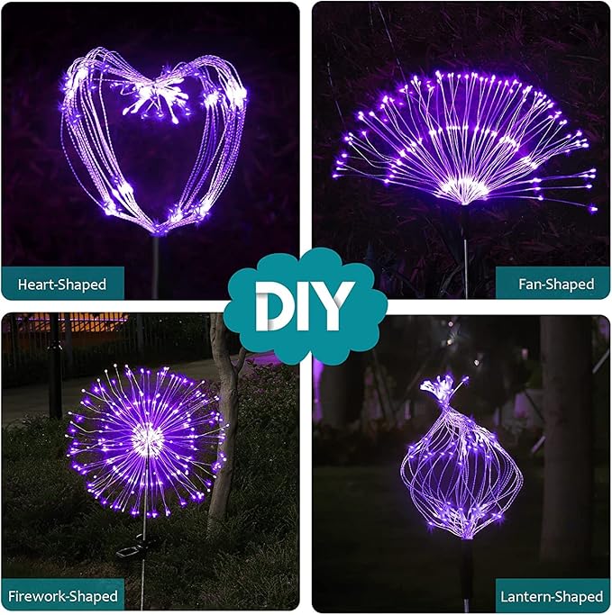JJGoo Solar Firework Lights, 2 Pack 150 LEDs 2 Lighting Modes Solar Lights Outdoor Waterproof for Garden Patio Walkway Pathway Party Wedding Christmas Decorative - Purple