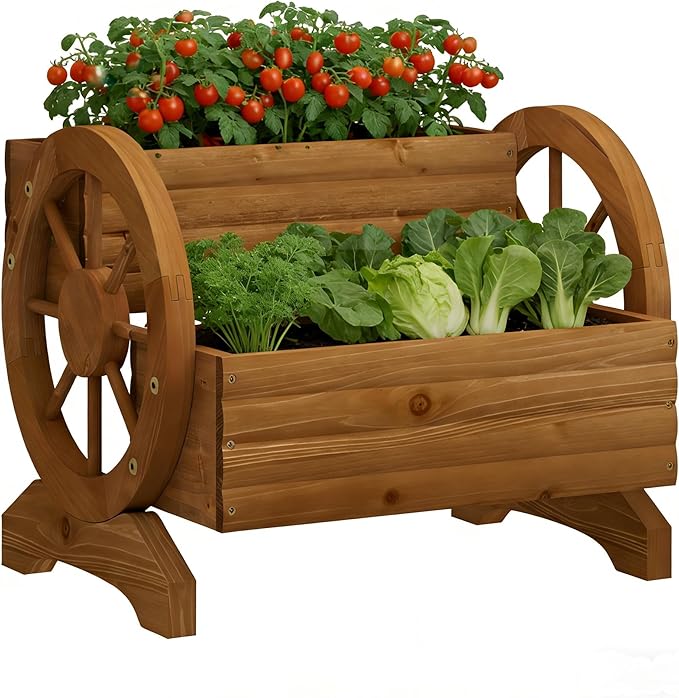 Wooden Wagon Planter Flower Cart with Wheels Garden Box Garden Planter, Decorative Planter for Flowers Herbs Vegetables for Indoor & Outdoor Décor Flower Cart for Patio Garden Balcony (Brown)