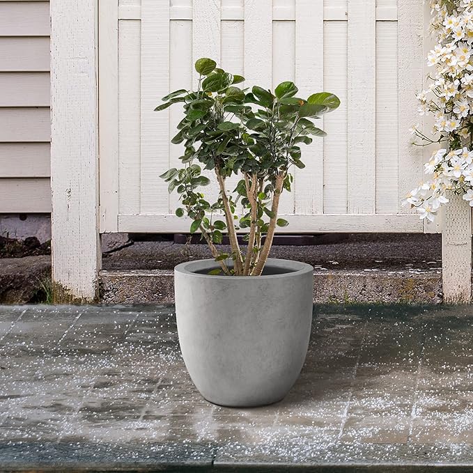 Kante 13.4" Dia Round Concrete Planter, Large Outdoor Modern Indoor Decorative Plant Pots with Drainage Hole and Rubber Plug for Home and Garden, Natural Concrete