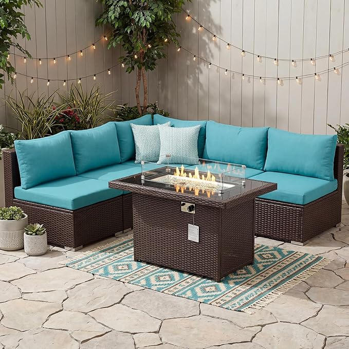 NICESOUL 6 Piece L-Shaped Patio Furniture Set with Fire Pit Table Natural Gas/Propane, 29.3'' High-Back Deep Wide Seat Outdoor Conversations, XL Big Fireplace Couches, Brown Rattan and Teal Cushion