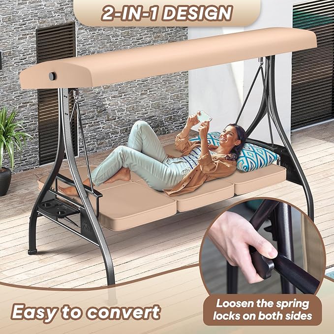 3 Seat Outdoor Porch Patio Swing with Stand 800lbs 2-in-1 Convertible Swing Bed with Adjustable Canopy & Removable Cushion for Yard Garden Deck (Khaki, Square Tube)