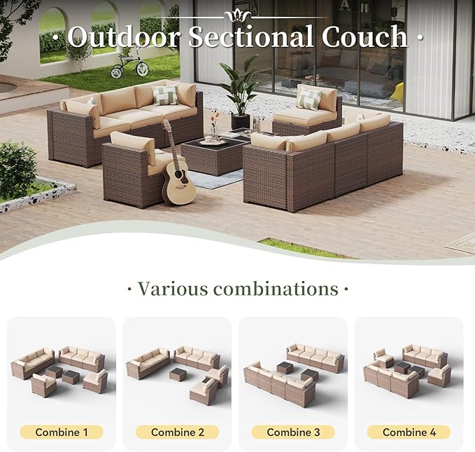 Aoxun 10 Piece Patio Furniture Set Wicker Rattan Patio Conversation Set Outdoor Sectional Sofa Set with Coffee Table and 4” Thickened Cushions, Beige(Waterproof Cover Included)