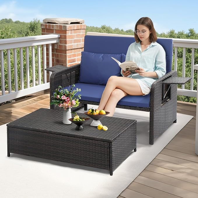 VINGLI Patio Daybed, Wicker Outdoor Daybed with Storage Ottoman & 5-Level Adjustable Backrest, All-Weather Rattan Cushioned Patio Loveseat Sofa for Garden Balcony Backyard (Navy, Brown)