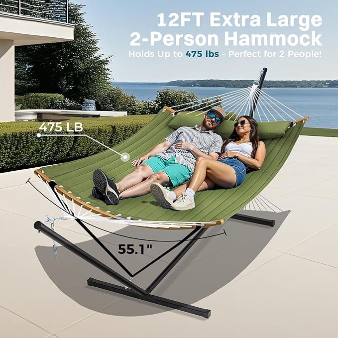 SUPERJARE Curved-Bar Hammock with Stand, 2 Person Heavy Duty Hammock Frame, Detachable Pillow & Portable Carrying Bag, Perfect for Outdoor & Indoor, Spring Green