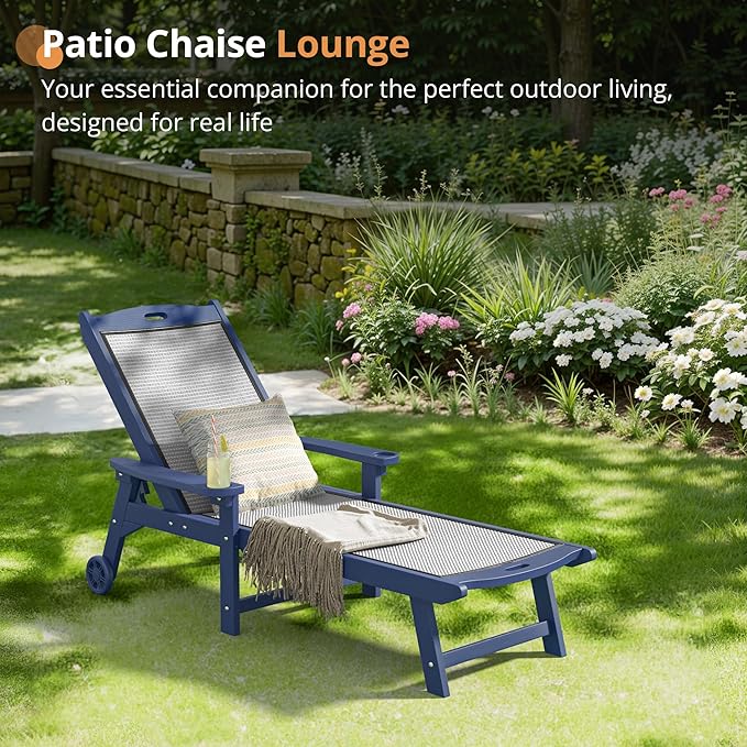 LUE BONA Chaise Lounge Chair Outdoor,HDPS and HDPE Wicker Material, Patio Lounge Chair with Adjustable Backrest, Resin Pool Lounge Chairs with Wheels for Backyard, Poolside and Deck,Navy