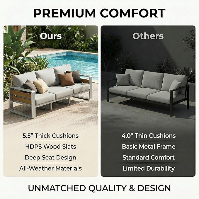 ZANDOR Aluminum Outdoor Patio Furniture - 1 Pcs 3-Seat and Coffee Table, All-Weather Metal Modern Outside Furniture with Washable Thick Cushion for Garden/Backyard/Porch, Silver