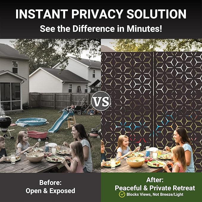 6FT Metal Privacy Screen Outdoor – Decorative Laser Cut Privacy Fence Panel for Patio, Deck & Garden, Rustproof Steel Privacy Divider, Modern Geometric Design, Freestanding Outdoor Privacy Screen