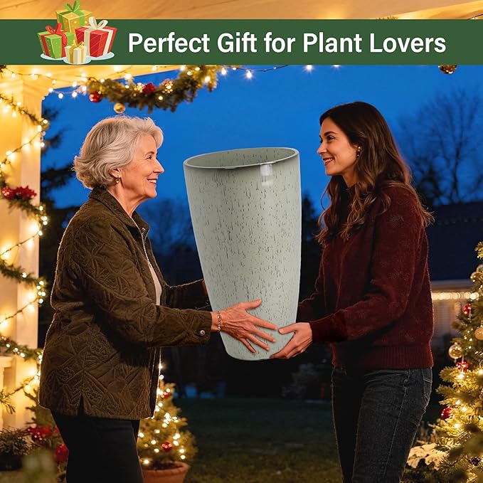24/21/12 Inch Large Plastic Planter, Lightweight Ceramic-Look Tall Planters with Drain Hole & Saucers, Tall Plastic Planters for Porch, Garden, Patio, Balcony(Glaze Beige)