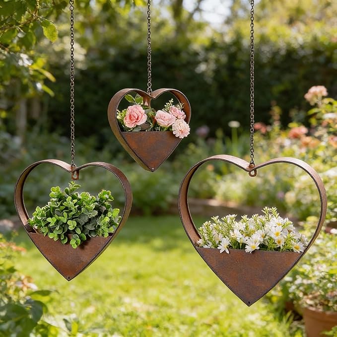 3 Pcs 3 Size Heart Metal Hanging Planter Indoor Outdoor, 13.4" 10.6" 7" Large Metal Plant Hangers Vintage Flower Pot with Hook Chain Drain Hole Gift for Gardener Women Mom Home Decor(Brown)