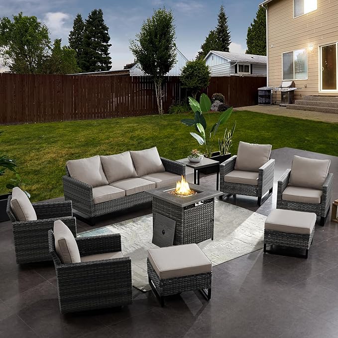 Belord Patio Furniture Set with Fire Pit Table: 9 Pieces Wicker Oversize Patio Conversation Set with Outdoor Swivel Glider Rocker Rattan Couch Ottomans, Anti-Rust Frame, Removable Cushion Beige